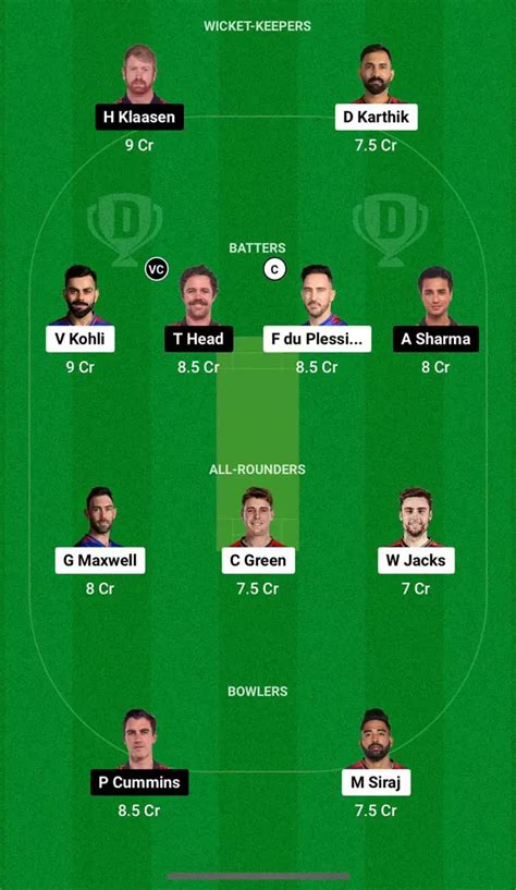 rcb vs srh dream 11 prediction